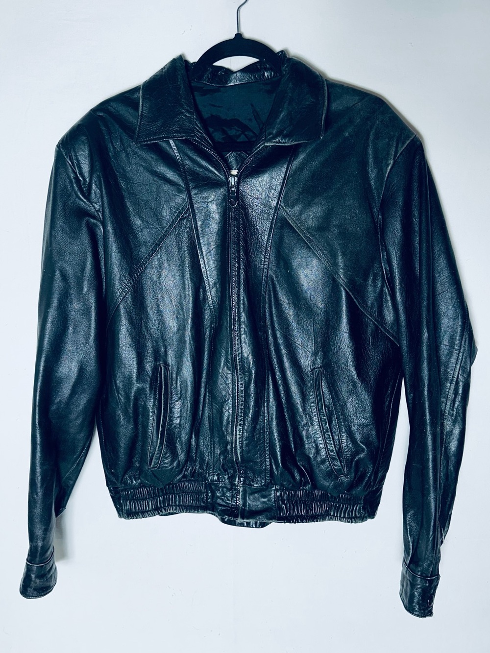Vintage Genuine Leather Bomber Jacket L Black Slouchy Motorcycle Coat Grunge